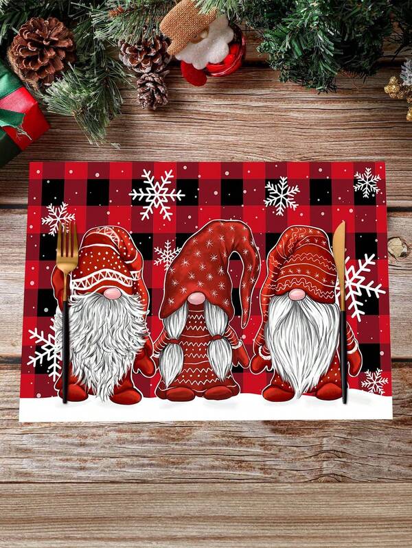 1/2/4pcs Christmas Theme Placemats, Three Adorable Gnomes Wearing Red Clothes, Red & Black Plaid Design, Polyester Placemats, 30x45cm, Suitable For Christmas Table Center Decor, Christmas Party & Family Gathering Table & Plate Decoration