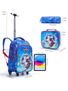 BLING BABIES 3pcs/Set Rolling Backpack, Sky Blue Football Pattern, Student School Bag With Lunch Box And Pencil Case, Suitable For Daily Commute, Reflective At Night - Royal Blue - View 3
