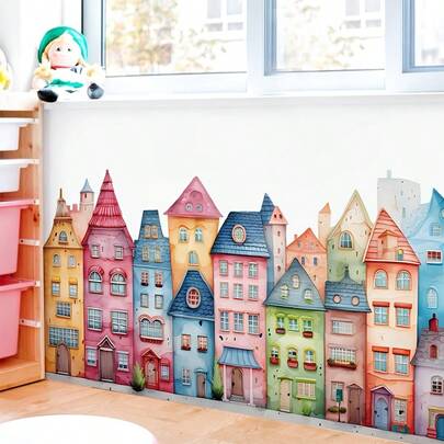 1 张异想天开的水彩城市风光墙贴 - 易于剥离和粘贴，可移除 PVC 艺术贴花，现代建筑主题，适用于卧室、客厅、走廊 - 充满活力的粉彩家居设计房间装饰家居装饰墙壁装饰墙贴贴纸客厅装饰个性化贴纸