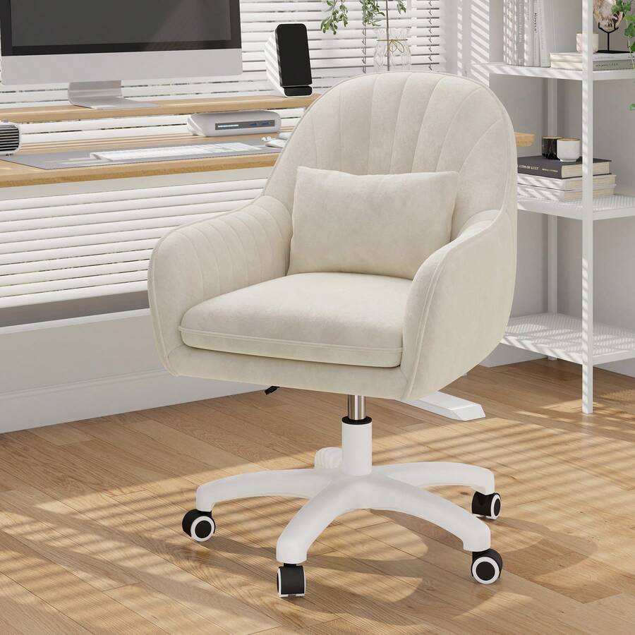 Nalupatio Home Office Chair, Velvet Chair With Head Cushion, 360° Rotatable, Height Adjustable Office Chair Ergonomic, Make-Up Chair Swivel Chair, For Study Bedroom, Load Capacity Up To 150kg - 米色 - 查看 1