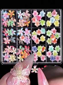 12件套3D混合风格雕刻冰晶花美甲装饰品，水果果冻色树脂3D百合花可佩戴美甲配件水晶宝石，奢华美甲装饰，男女通用，美甲配件，优雅美甲饰品 | 水晶宝石花，美甲装饰，美甲宝石，美甲用品 - 彩色 - 查看 3