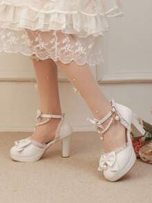 Block Chunky High Heels Pumps For Women Cute Bow Ruffle Ankle Strap Pearl Chain Platform Lolita Style Pumps Woman - 白色 - 查看 2