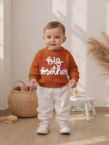 Toddler Boys Knitted Jumper Big Bro Letter Embroidery Round Neck Pullover Sweater Baby Warm Knit Tops Pullover Knitwear - 橘色 - 查看 6