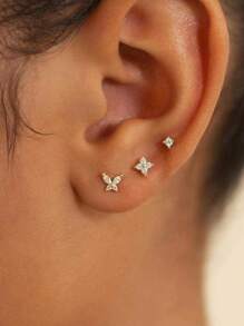 3pcs/Set 18K Gold Plated Transparent Zirconia Four-Leaf Butterfly Stud Earrings, Stackable, Petite & Cute, Suitable For Cartilage, Helix And Other Pierced Ears, Great Gift For Women And Girls - 3Pcs Studs - View 5