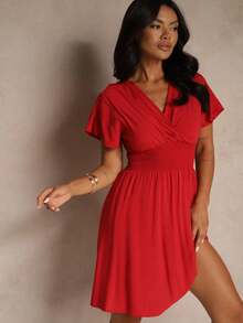 Summer Casual Solid Color Cinched Waist Dress - Burgundy - View 1