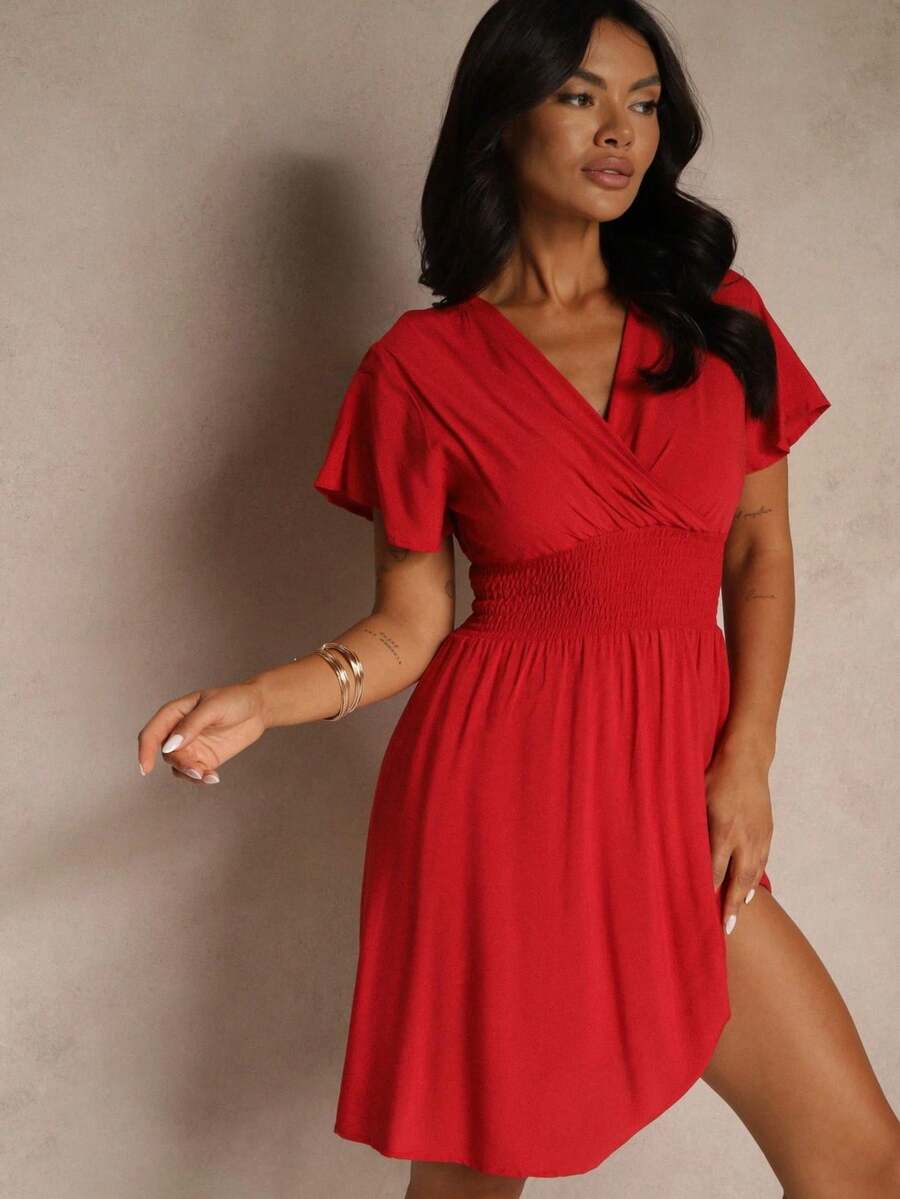 Summer Casual Solid Color Cinched Waist Dress - Burgundy - View 1