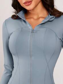 1件女士速干透气立领拉链运动上衣，运动服 - 藍色 - 查看 5