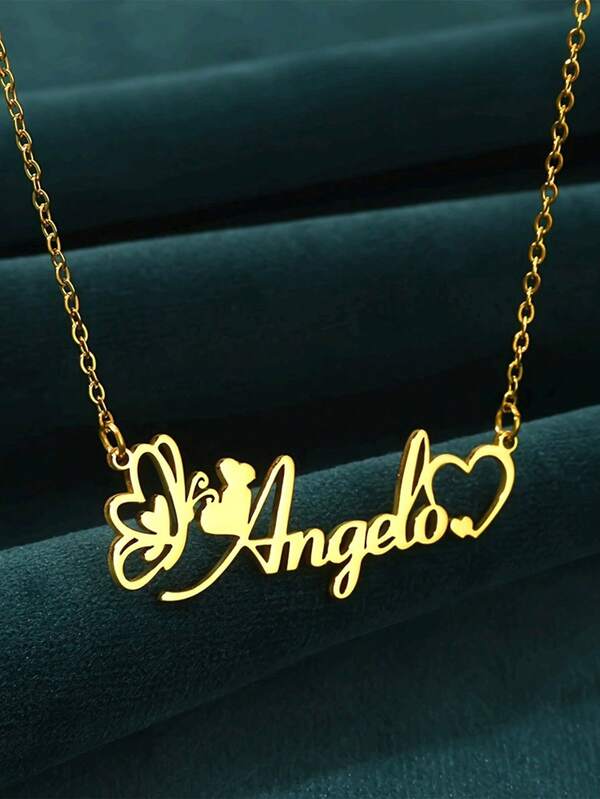 1PC Customized Carved Butterfly Love Necklace - Personalized Name Stainless Steel Minimalist Girls' Jewelry, Geometric Pattern Pendant Design, Birthday, Anniversary, Family, Sports Fans Accessories, Modern Aesthetics, High Quality Craftsmanship, Gold Plated Chain