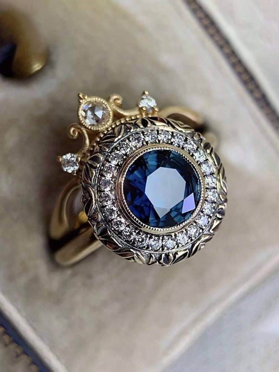 Retro Fashion Blue Stacked Ring Creative Floral Design Matching Ring, Valentine'S Day Gift Suitable For Daily Wear And Leisure Exquisite Gift No Box - 彩色 - 查看 1