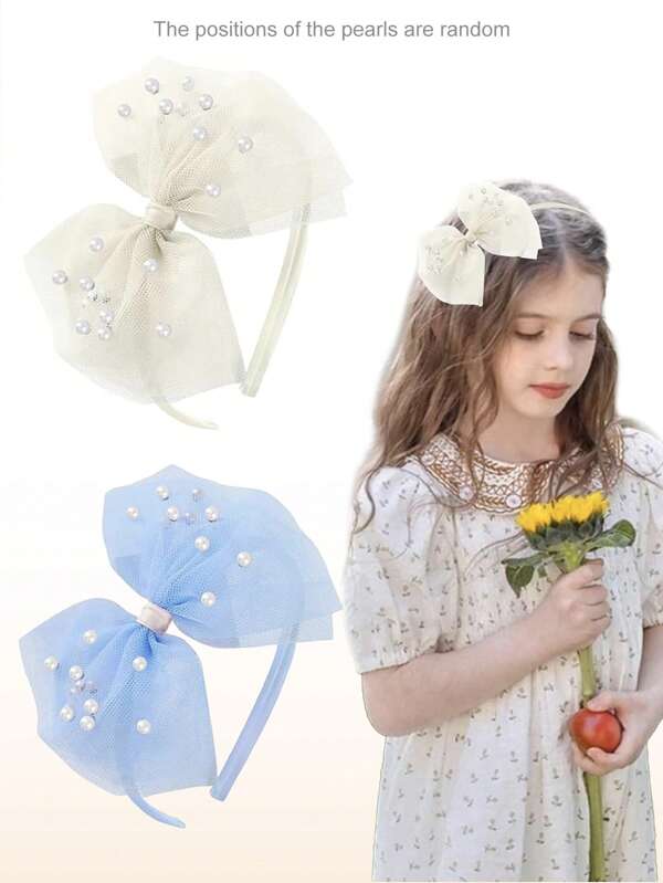 2 Pcs Pearl Bow Headbands For Girls, Elegant Lace Veil Headband With Bows (White,Blue)
