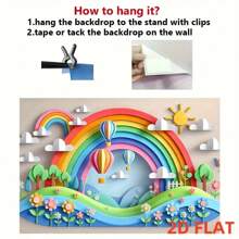 带有热气球和太阳的 2D 平面彩虹壁画 - 充满活力的聚酯派对背景，适用于室内/室外装饰、摄影工作室道具和节日庆典，易于悬挂，彩虹装饰