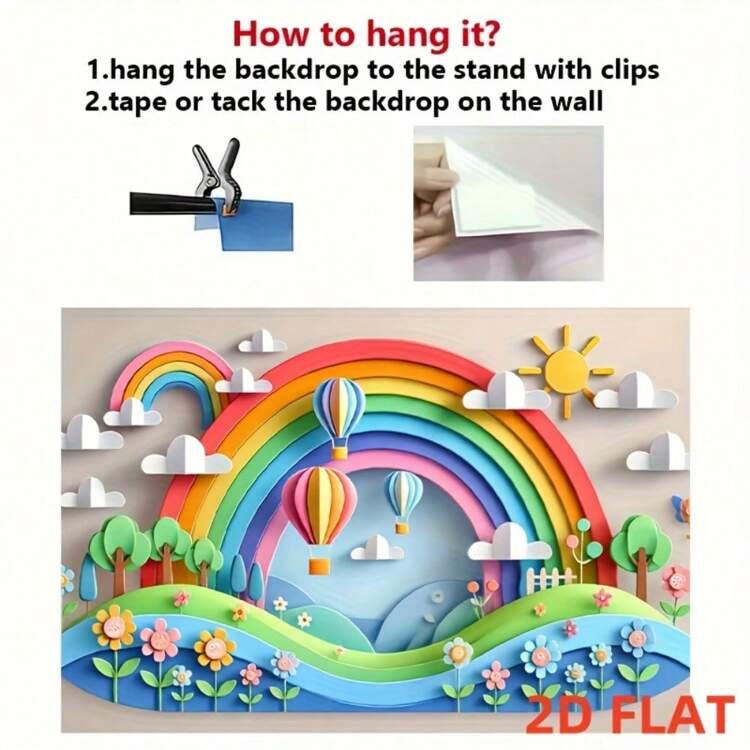 Um Mural Plano 2D de Arco-íris com Balões de Ar Quente e Sol - Bottom de Festa de Poliéster Vibrante, Adequado para Decoração Interna/Externa, Adereços de Estúdio de Fotografia e Comemorações de Feriados, Fácil de Pendurar, Decoração de Arco-íris - Multicolorido - Visão 8