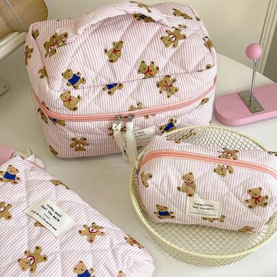 1个粉色条纹泰迪熊化妆包，万圣节不给糖就捣蛋，时尚休闲大容量拉链化妆包，文具收纳袋，旅行必备，女士礼物，化妆包，化妆袋，旅行必备