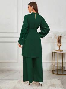 女式仿珍珠领系腰带长袖上衣和裤子阿拉伯风格服装、教师服装、商务休闲装、返校服装