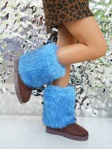 Damen Schneestiefel Y2K einfarbig 2025 Neu Herbst/Winter rutschfest Schlüpfen Flauschige Flauschige Stiefel, dick warm modisch einfach sexy schlank Plüsch Schuhe, elegante flauschige Patchwork Party Blau