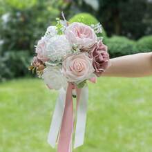 Dusty Blue Wedding Bouquets For Bride Bridesmaid, White Wedding Artificial Roses Flowers For Wedding Bouquets Ceremony, Anniversary - Dusty Rose & Blush - View 5