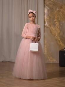 Vestido elegante de terciopelo rosa con lazo y cisne para niña preadolescente, vestido de princesa adecuado para fiesta de cumpleaños, banquete, baile de graduación, dama de honor de boda, Acción de Gracias, graduación - Rosa Pálido - Ver 1