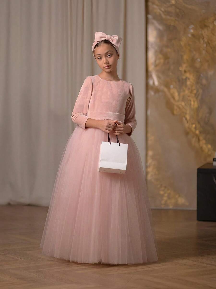 Vestido elegante de terciopelo rosa con lazo y cisne para niña preadolescente, vestido de princesa adecuado para fiesta de cumpleaños, banquete, baile de graduación, dama de honor de boda, Acción de Gracias, graduación - Rosa Pálido - Ver 1