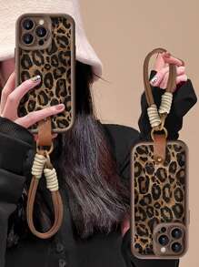 1pc Leopard Print Shock-Absorbing Lanyard Phone Case, TPU Material Anti-Fall Lightweight Protective Cover, Compatible With Iphone 16/11/13/15/15 Plus/15 Pro/15 Pro Max/12/14 Pro Max/XS/XR/11 Pro Max/12 Pro/12 Pro Max/13 Pro/13 Pro Max/14 Pro/14 Plus/7/8 Plus Waterproof Scratch Resistant - Brown - View 2