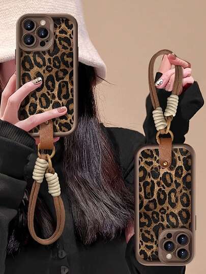 Funda de teléfono con cordón de leopardo de 1 pieza, de material TPU, resistente a golpes y absorción de impactos, ligera y protectora, compatible con iPhone 16/11/13/15/15 Plus/15 Pro/15 Pro Max/12/14 Pro Max/XS/XR/11 Pro Max/12 Pro/12 Pro Max/13 Pro/13 Pro Max/14 Pro/14 Plus/7/8 Plus, resistente al agua y a los arañazos, regalo de cumpleaños de primavera