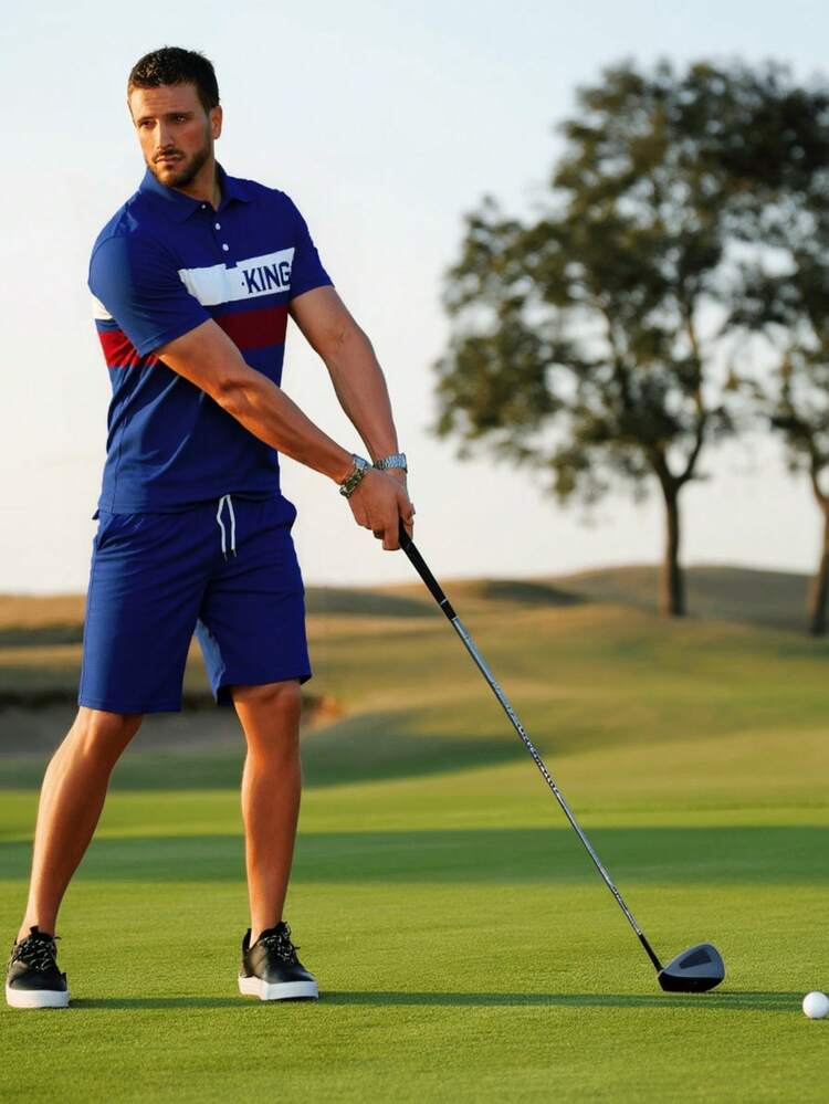 2 件男士全身印花休闲夏季套装，包括 Polo 衫和配套短裤，非常适合夏季夏威夷度假、高尔夫运动和网球 - 藍色 - 查看 14