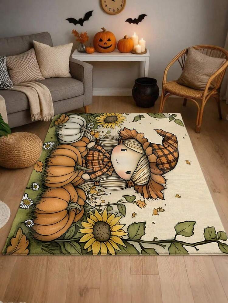 1pc Autumn Harvest Pumpkin Girl Carpet, Bathroom Mat With Holiday Design - Non-Slip Fiber Carpet, Suitable For Living Room, Kitchen And Outdoor Entrance - Machine Washable, Indoor Decor, Holiday Theme, Holiday Decorative Carpet | Holiday Room Decor | Machine Washable Carpet, Autumn Harvest Decor Bathroom Kitchen Decor Kitchen Rug - Multicolor - View 3