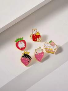 Set de 5 broches de conejo con fresa de aleación de zinc esmaltada, accesorios de broche versátiles como regalo - Multicolor (juego de 5 piezas) - Ver 2