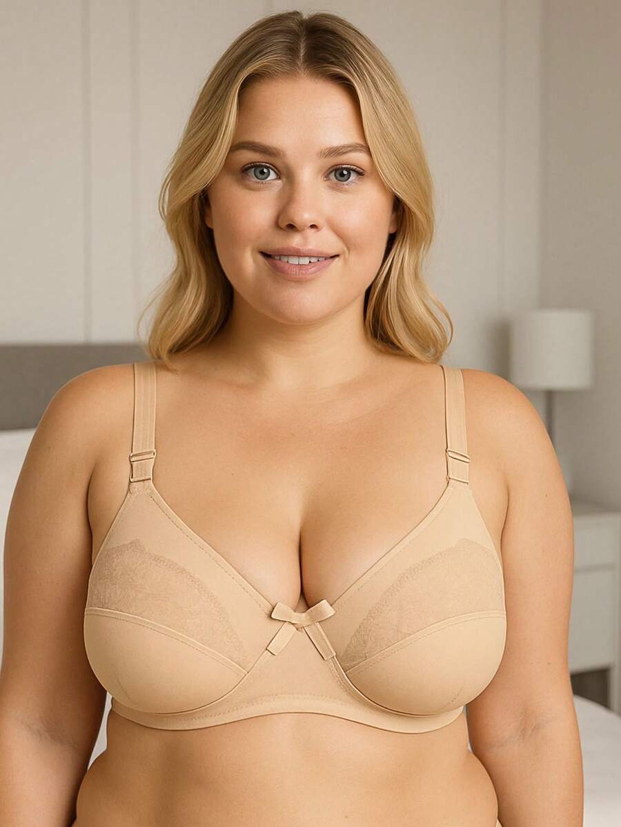 Plus Size Bra Without Reinforced Pads Satin Support - 米色 - 查看 1