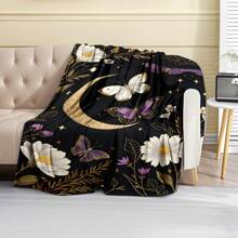 1PC Flannel Blanket With Butterfly, Moon And Flower Patterns, Machine Washable, Soft And Comfortable, Lightweight Wool Blanket, Comfortable Air Conditioning Blanket, Home Decoration, Suitable For All Seasons, Christmas And Halloween Friend Gifts, Suitable For Sofas, Beds, Cars, Offices, Camping, Travel