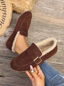 2024 New Preppy Style Buckle Warm Loafers For Women, Vintage Breathable Driving Shoes, Faux Fur Moccasins, Slip-On Casual Flat Shoes For Work