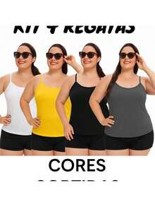 Kit com 4 Regata Plus Size Basicas Blusinha Alcinha Fina Modinha Alça Verão G1 ao G5 - CORES SORTIDAS elegante, all curve, malha viscolycra