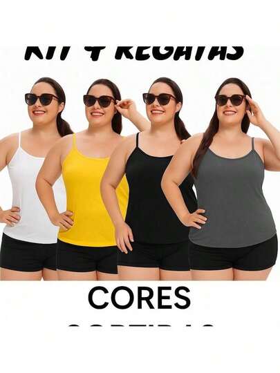 Kit com 4 Regata Plus Size Basicas Blusinha Alcinha Fina Modinha Alça Verão G1 ao G5 - CORES SORTIDAS elegante, all curve, malha viscolycra