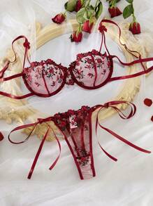 Florales Stickerei Schleife Dekor Ausschnitt Sexy Dessous Set, Rave
