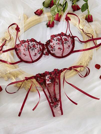 ROMWE Kawaii Floral Embroidery Bowknot Decor Hollow Out Sexy Lingerie Set, Rave
