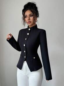 Women's Solid Color Woven Front Button Faux Pocket Casual Commuting Office Elegant Blouse, Suitable For Spring, Autumn And Winter