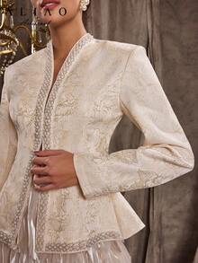 A&A 精致串珠蕾丝拼布提花收腰 V 领开衩下摆西装外套、舞会套装、优雅日常穿着和商务休闲夹克、婚礼宾客礼服、复古风格、端庄、婚礼季、情人节装扮、秋冬、白色派对活动、老派风格、宫廷风格 - 杏色 - 查看 6