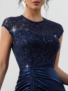 Đầm nữ thanh lịch ren đính sequin, hở lưng, xẻ tà, thích hợp cho Giáng sinh, Năm mới, các ngày lễ, sinh nhật, họp mặt, tiệc tùng, dạ hội, tiệc tối trang trọng, tiệc cocktail, đám cưới, hẹn hò. - Màu xanh hải quân - Xem 3