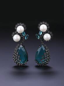 1 Pair Luxury Jewelry Style Copper Inlaid Cubic Zirconia Faux Pearl Pendant Earrings, Suitable For Formal Dresses, Parties And Occasions