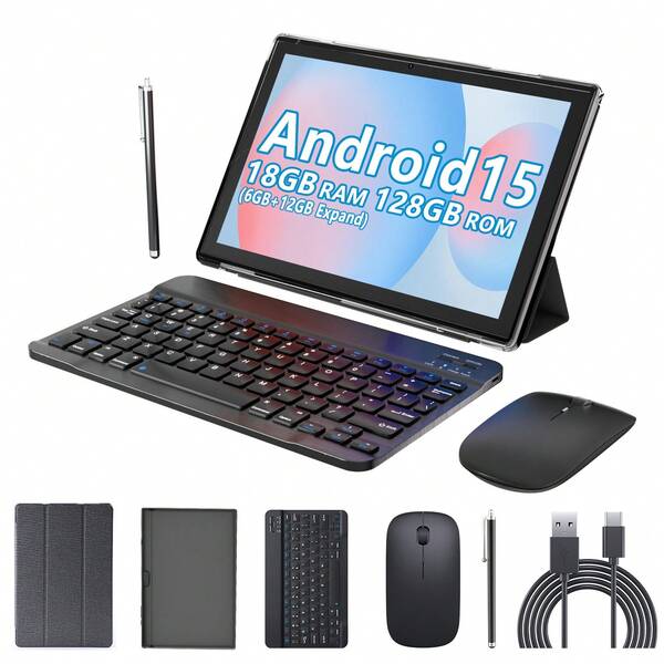 YQ10S Max 2 In 1 Tablet, 10 Inch Android 15 Tablet, RK3562 4-Core 2.0Ghz/6GB RAM+128GB ROM/2MP+5MP Dual Camera/1280x800 IPS Touch Screen/2.4+5G WiFi/WiFi 6/6000mAh/ Certified Tablet PC With Keyboard/Mouse/Stylus/Protective Case(No Adapter)