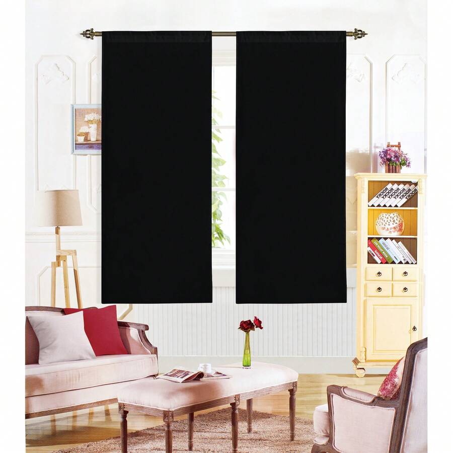 Semi-Blackout Plain Curtains (2 Pieces), Sizes 60*90–70*200 Cm, For Small Windows In The Kitchen, Bathroom And Bedroom, Ideal For Families And Renters With A Simple Style. - 黑色 - 查看 1