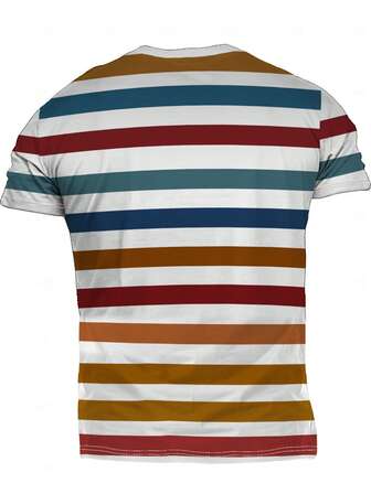 2025 Vintage Striped Digital Print Pattern Men's Round Neck Mesh Fabric Short Sleeve T-Shirt, Street Style