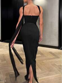 Women Elegant Strapless Bodycon Maxi Dress Sleeveless Split Formal Evening Gown Cocktail Wedding Guest Party Dress With Scarf - 黑色 - 查看 2