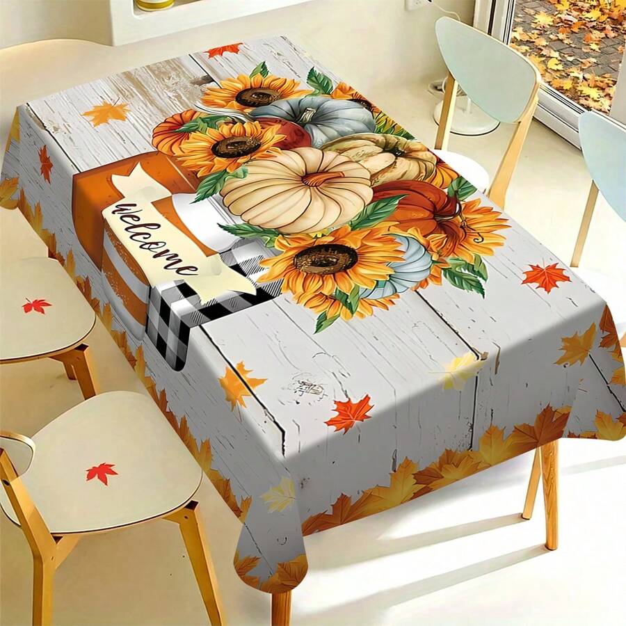 1/20pcs Autumn Thanksgiving Tablecloth, Classic White Wooden Texture Background Dotted With Pumpkin And Sunflower Pattern Autumn Tablecloth, Thanksgiving Decoration, Perfect For Coffee Table, Dining Table, Party And Kitchen, Desktop Decoration | Thanksgiving Decoration | Durable Tablecloth - Multicolor - View 1