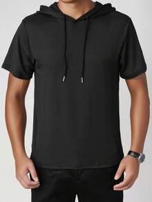 Men's Letter Print Drawstring Casual Hooded Short Sleeve T-Shirt - Black - View 1