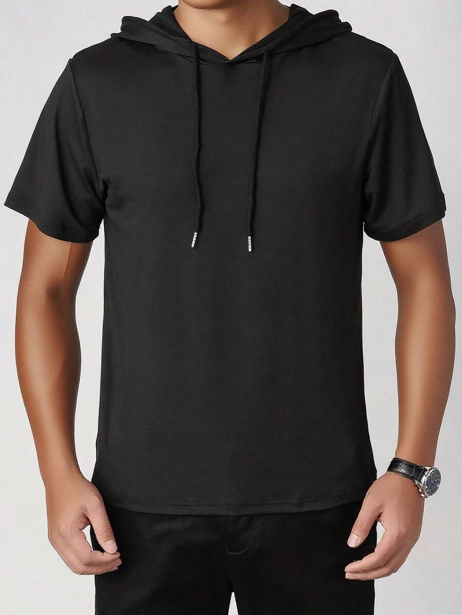 Men's Letter Print Drawstring Casual Hooded Short Sleeve T-Shirt - Black - View 1