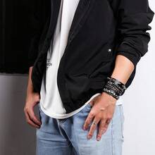 Eigso 3 Pcs Leather Punk Bracelets Men Women Of Rock Rivet Wrap Retro Spike Bracelet Adjustable - 黑色 - 1 - 查看 2