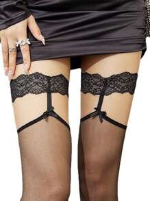 1 双蕾丝及膝长袜，细肩带及膝长袜，纯色感性性感蝴蝶结黑丝红色大腿长袜，适合运动、派对和居家使用