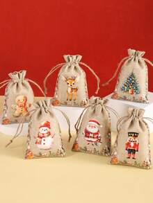 6 pezzi Borse regalo in juta con motivi natalizi ad acquerello, con laccetti, con disegni misti di Babbo Natale, Schiaccianoci e soldato, borse in lino riutilizzabili per feste, ideali per confezioni regalo, baby shower, decorazioni natalizie per la casa 2025, borse multiuso per regali Capodanno 2026