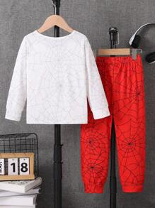 Young Boy Casual Graphic Outfit, Print Long Sleeve Top + Spider Web Print Pants, Stylish Cartoon Fit, For Everyday Wear, Birthday Party, Satisfy Young Hero Dream, Autumn/Winter