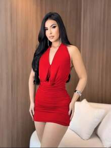 Sexy Short Dress With Front Neckline And Backless, Adjustable Suplex Fabric - 紅色 - 查看 1